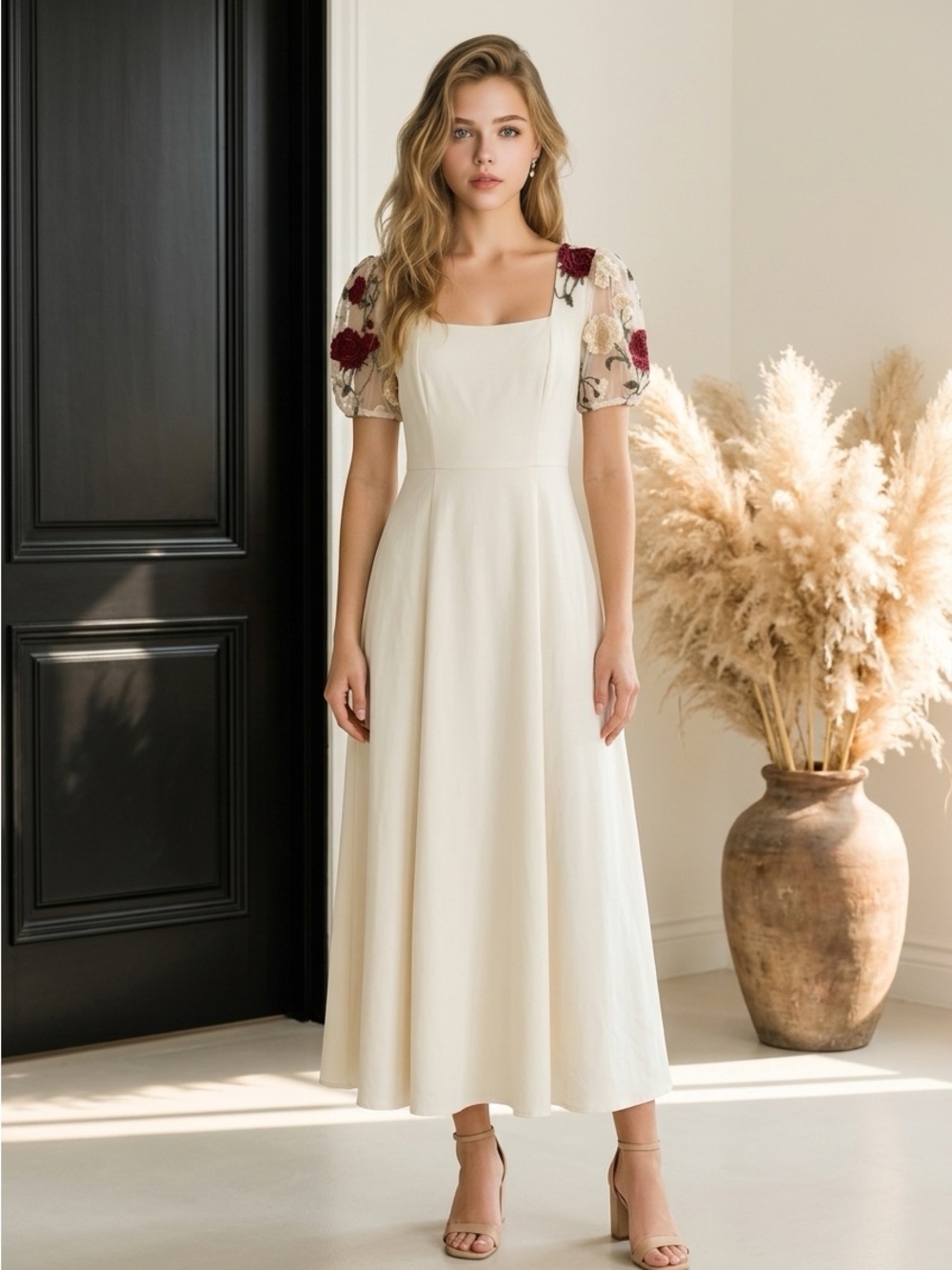 SHEIN Ivory Midi Dress with Burgundy Floral Embroidered Puff Sleeves